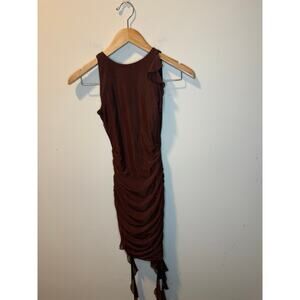 Oh Polly Brown Ruched Mesh Midi Dress Open Back Ruffle Women’s US 0